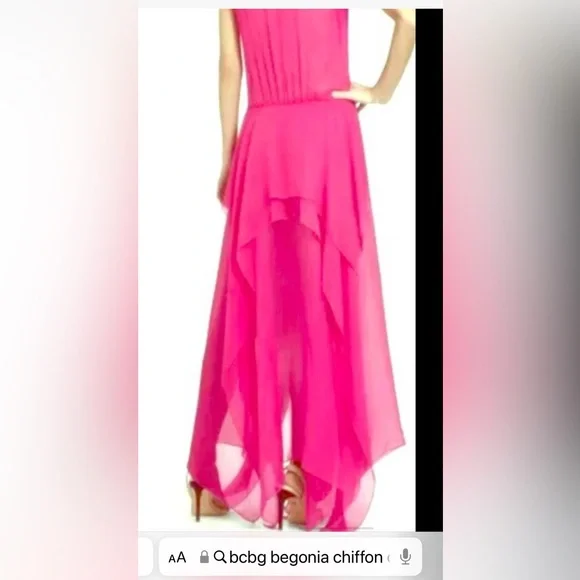 BCBG Basha Begonia Barbie Pink Bow Tie Long Silk Sheer Chiffon Tiered Maxi Dress